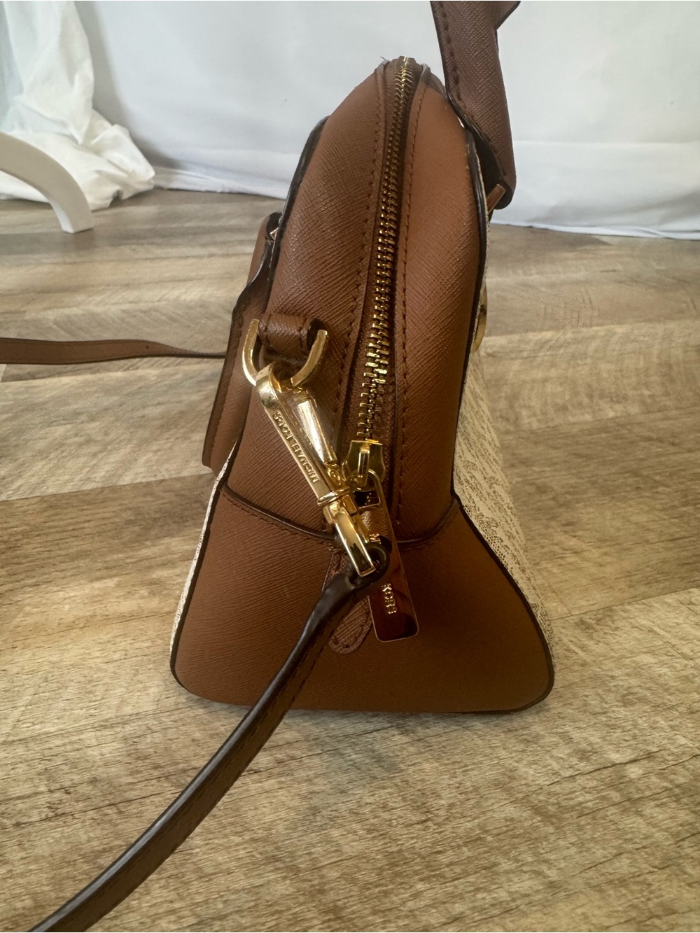 Michael Kors Cream MK Logo Clutch with Brown Leather Trim and shoulder strap - Picture 4 of 15